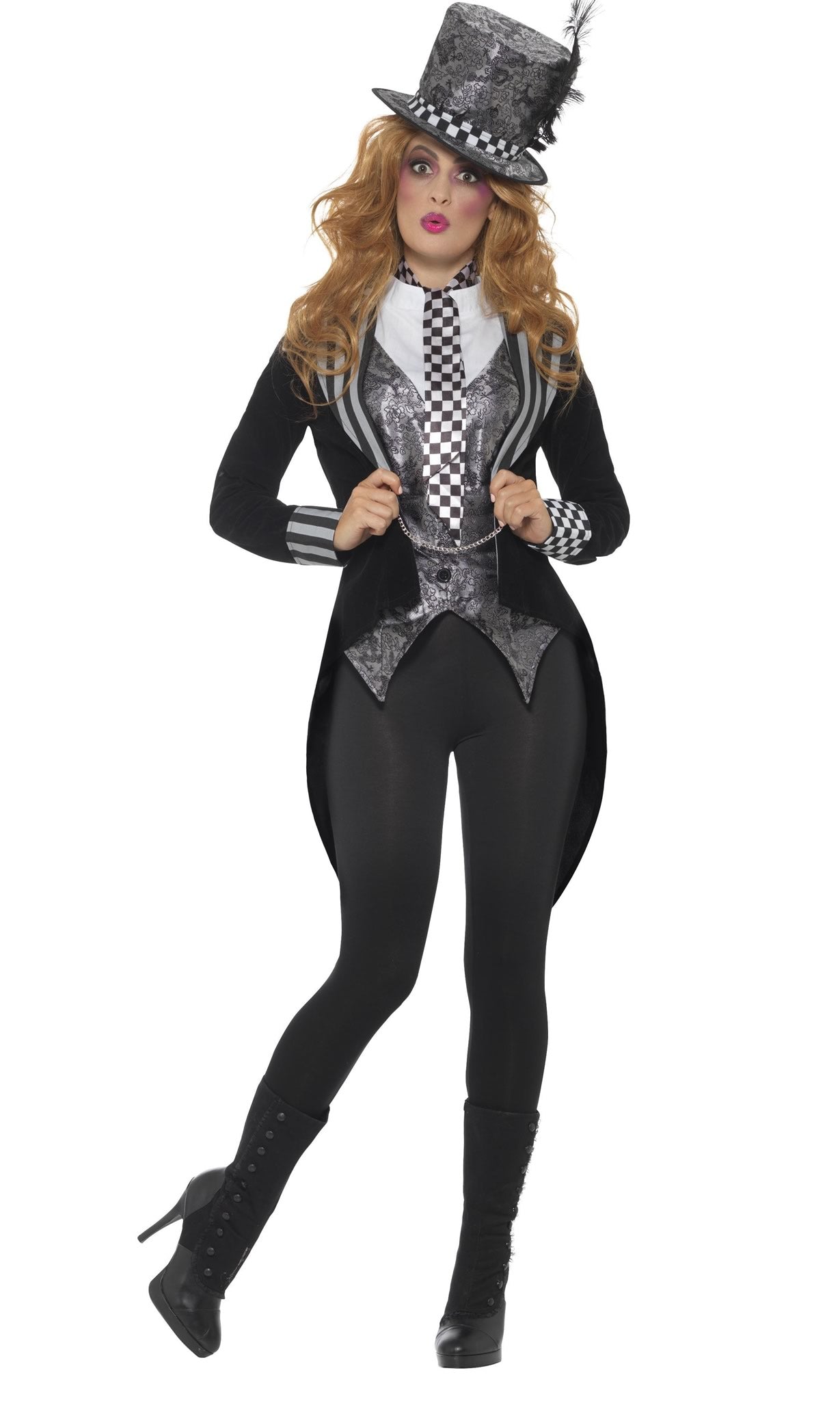 Black and grey Miss Hatter costume with hat, vest and tie