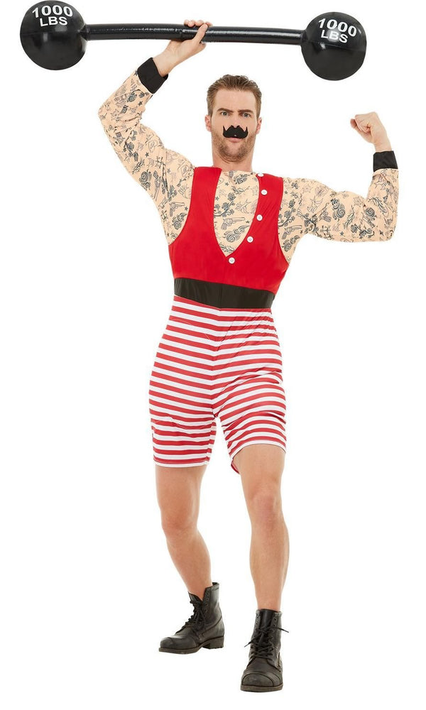 Padded arm muscle jumpsuit with moustache and inflatable barbell