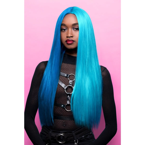 Woman wearing a long blue centre parted wig