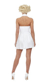 Back view of a woman wearing a white halter neck Marily Monroe dress on a white background