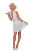 Woman wearing a white halter neck Marily Monroe dress on a white background
