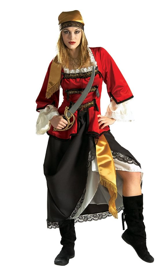 Woman wearing a pirate costume with a red shirt, black skirt, and gold accents on a white background.