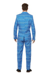 Back of a man wearing a blue patterned Christmas suit on a white background