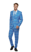 Man wearing a blue patterned Christmas suit on a white background
