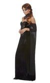 Side view of a woman in a black Renaissance evening gown on a white background