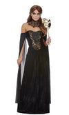Woman in a black Renaissance evening gown holding a mask on a white background