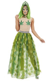 Woman wearing a costume with green cannabis leaves on a white background