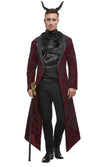 A man wearing a deluxe devil costume with a jacket, cravat, and horns on a headband, holding a staff. The costume is primarily black and red.
