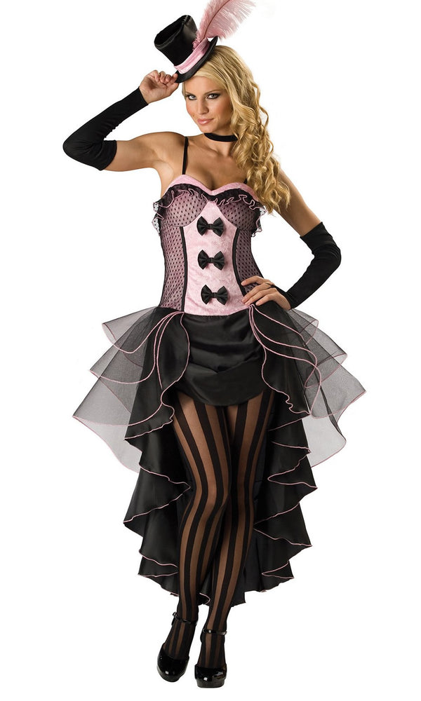 Long black and pink burlesque dress with hat, gloves and shorts
