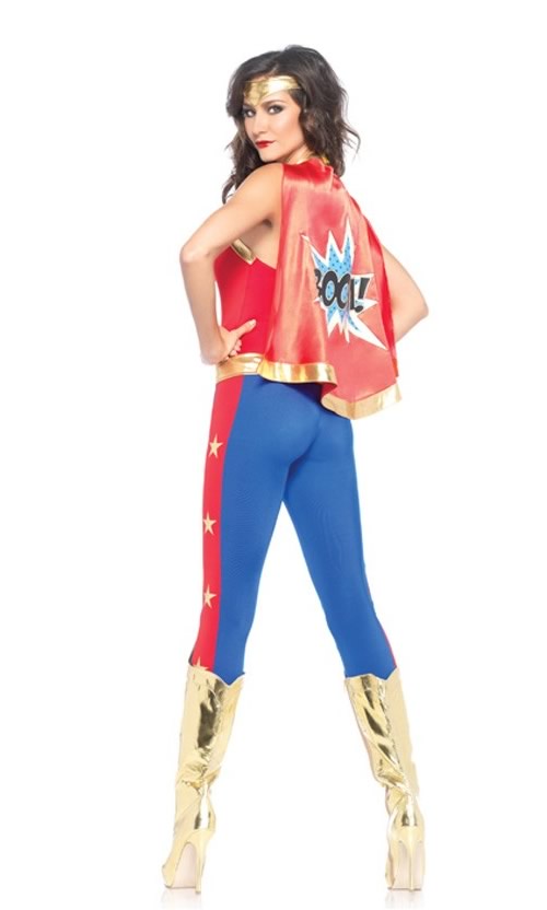 Back of blue and red super hero costume with red cape, headband and belt