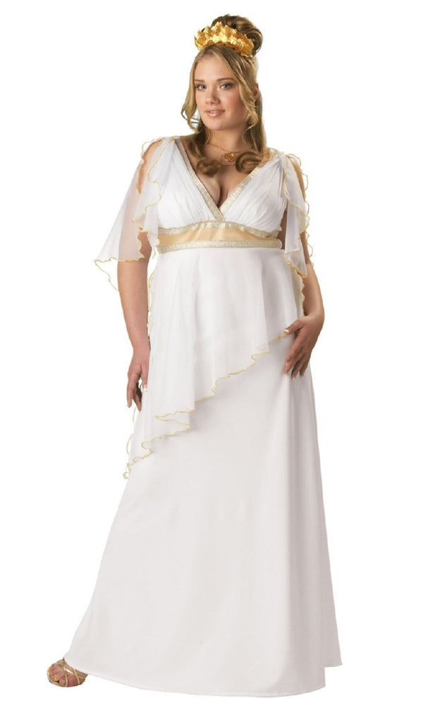 Long white Greek style plus size dress with hairpiece