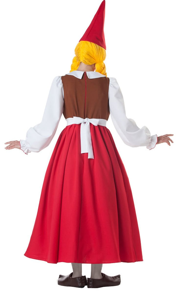 Back of long red and white garden gnome lady costume