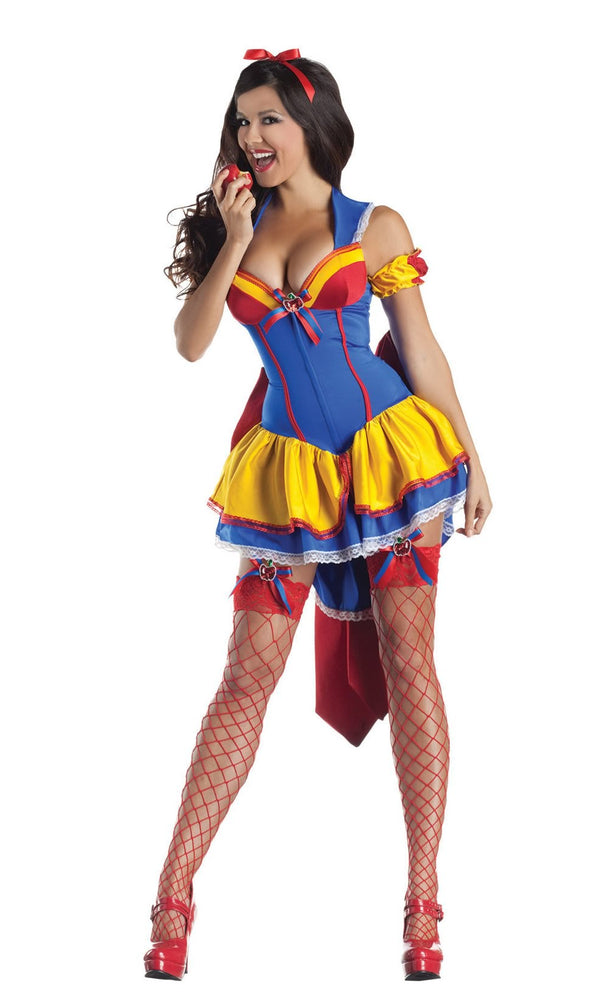 Short blue and yellow Snow White body shaper dress with ribbon, large bow and garters