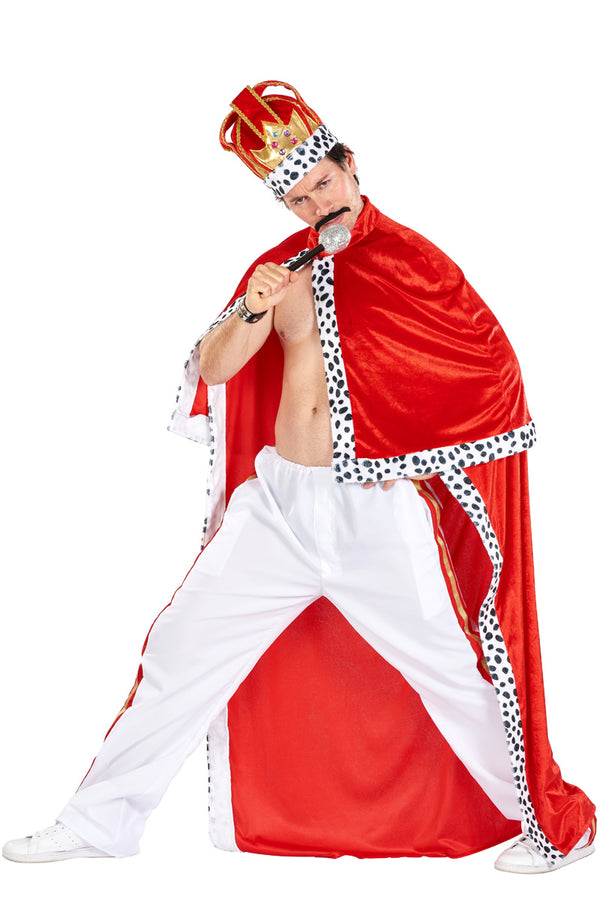 Long red Freddie Mercury Queen costume, with black spots, crown and moustache