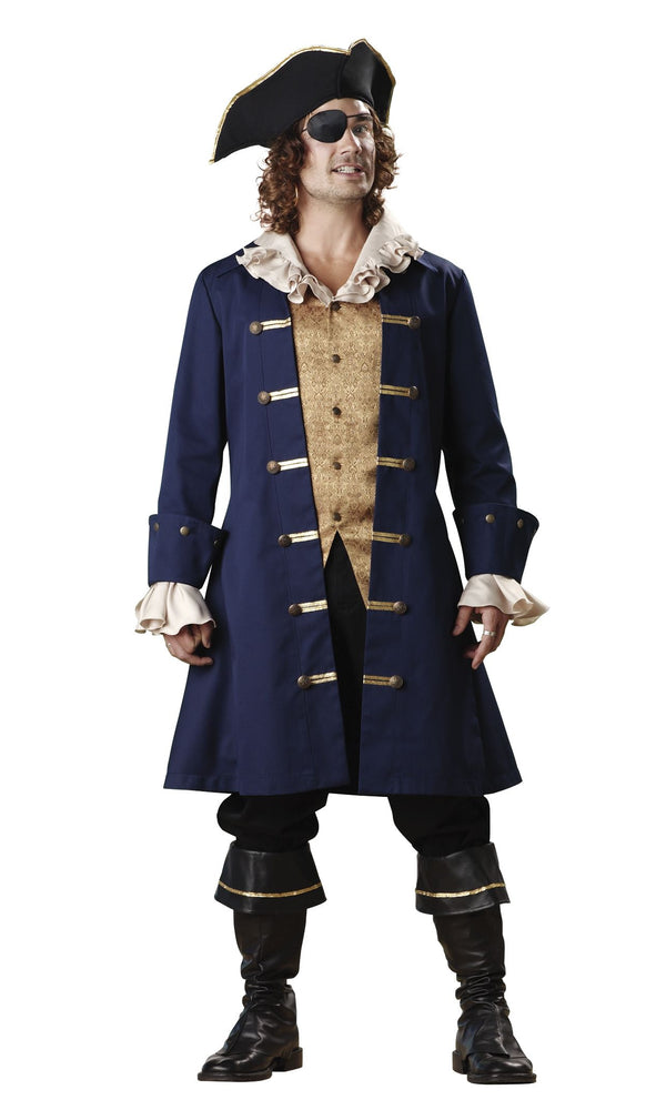 Blue and gold pirate captain costume with hat, eye patch and boot tops