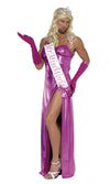 Long purple drag queen costume with Miss World sash and gloves worn by a man with a blonde wig and silver crown