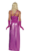 Back of long purple drag queen costume and gloves worn by a man wearing a long blonde wig