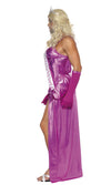 Side of long purple drag queen costume with Miss World sash and gloves