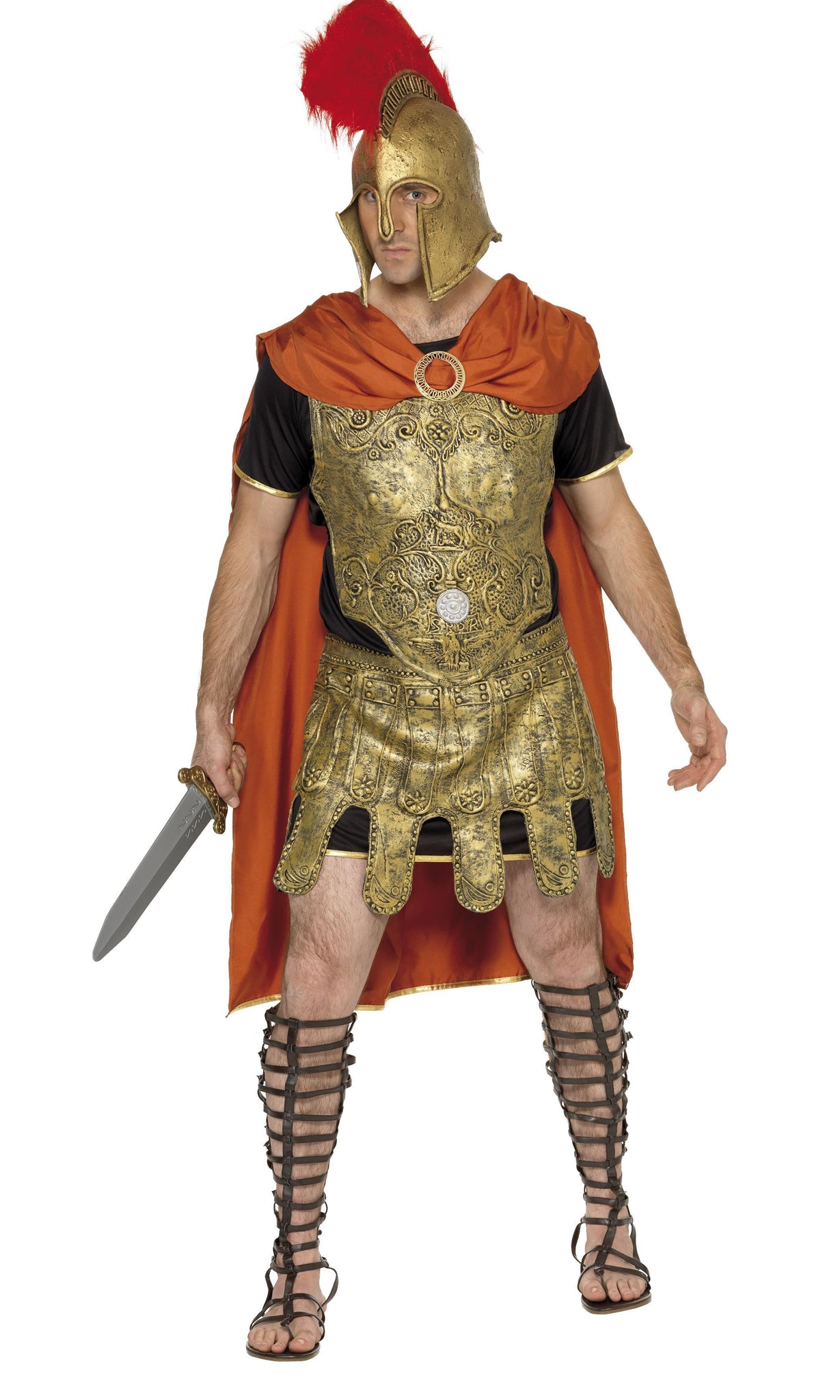 A man wearing a golden gladiator costume with helmet and red cape