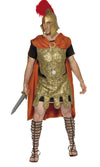 A man wearing a golden gladiator costume with helmet and red cape