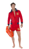 Red Baywatch lifeguard costume with jacket and shorts worn by a man holding a life saving float