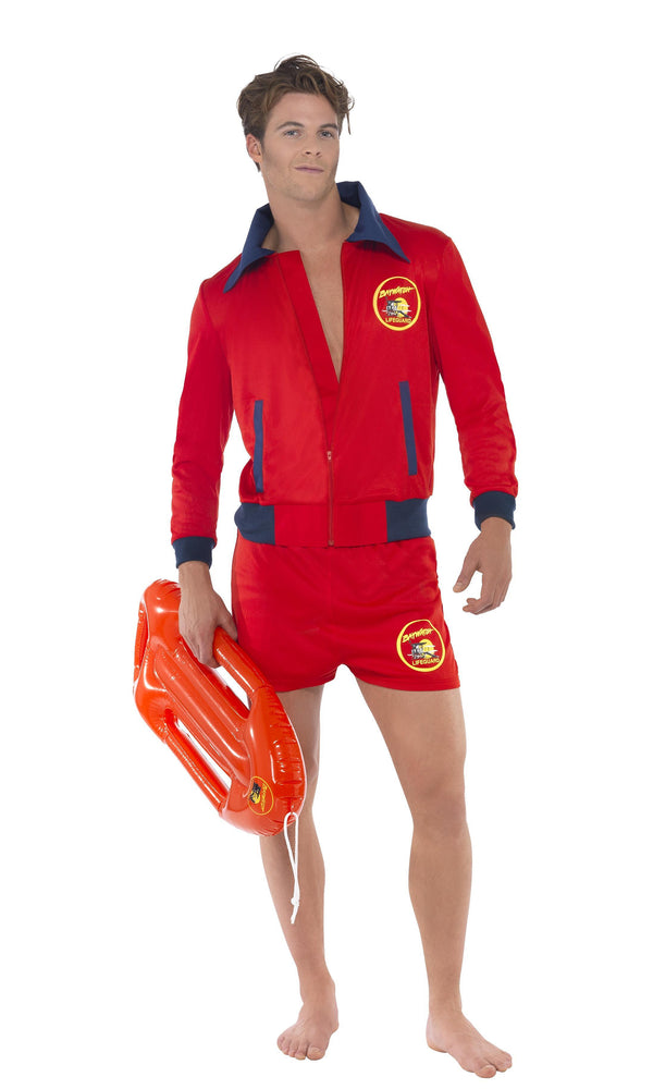 Red Baywatch lifeguard costume with jacket and shorts worn by a man holding a life saving float