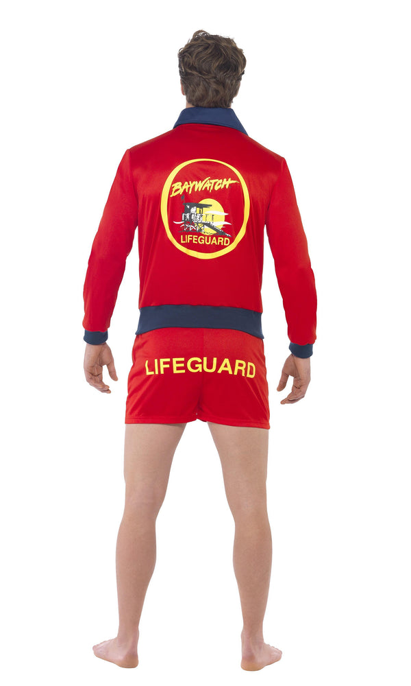 Back of red Baywatch lifeguard costume with jacket and shorts