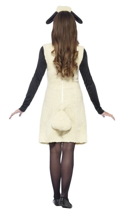 Back of Shaun the Sheep fur dress with black sleeves and headpiece