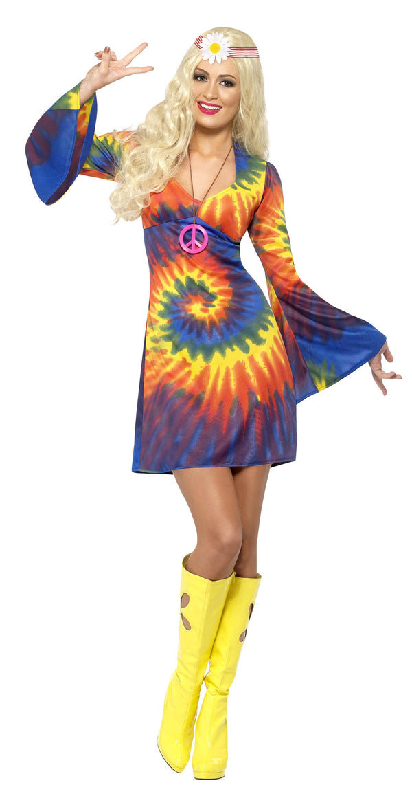 Short tie dye hippie dress with flared sleeves