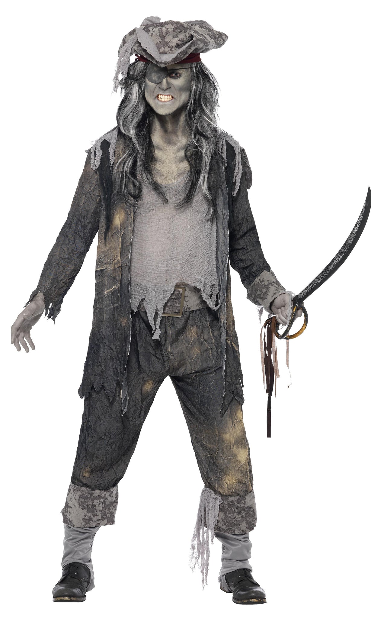 A man wearing a ghost pirate costume in a grey tattered style with hat, holding a sword