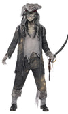 A man wearing a ghost pirate costume in a grey tattered style with hat, holding a sword