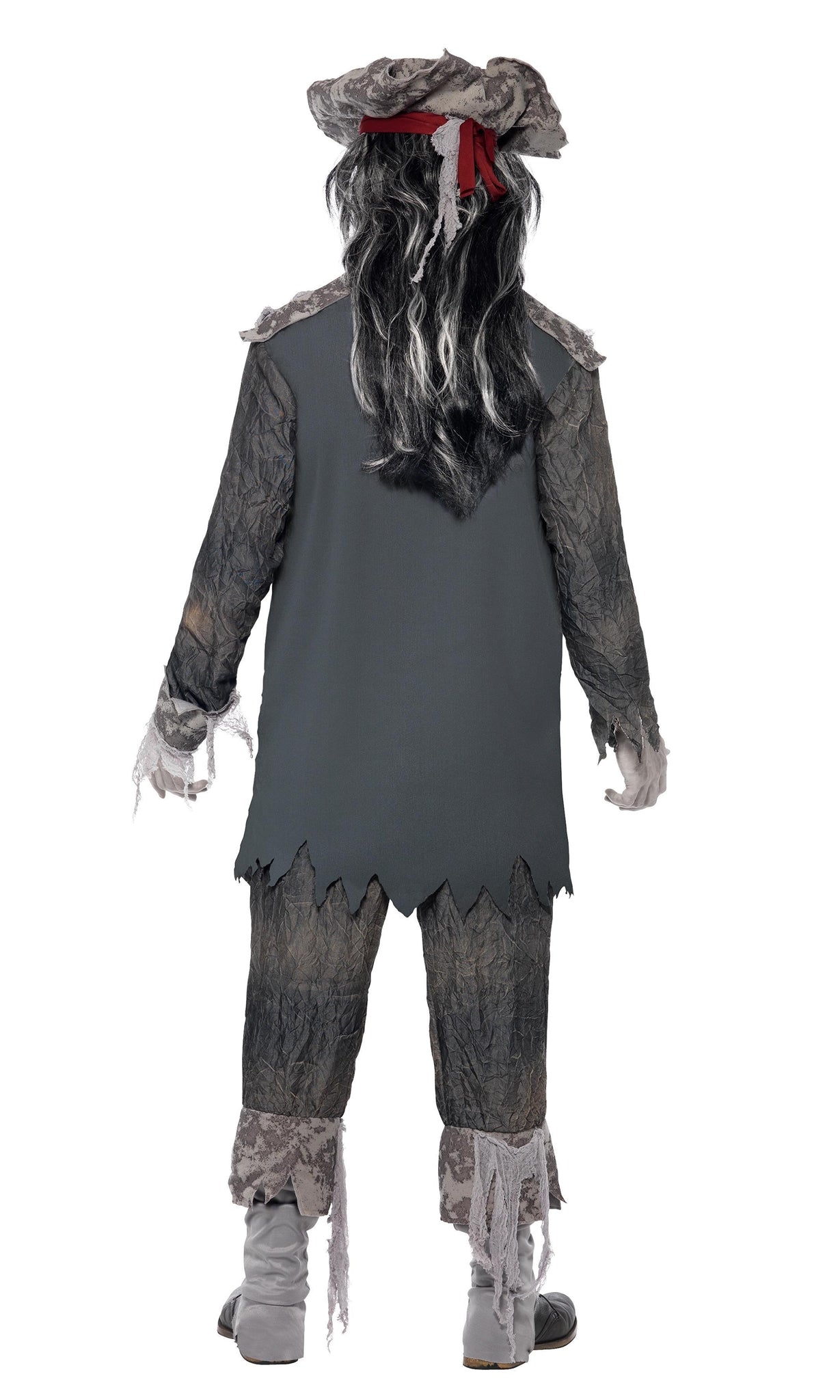 Back of a man wearing a ghost pirate costume in a grey tattered style with hat