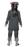 Back of a man wearing a ghost pirate costume in a grey tattered style with hat