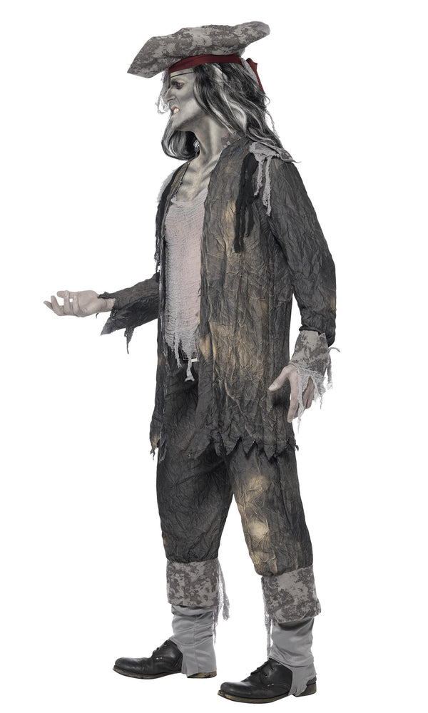 Side view of a man wearing a ghost pirate costume in a grey tattered style with hat