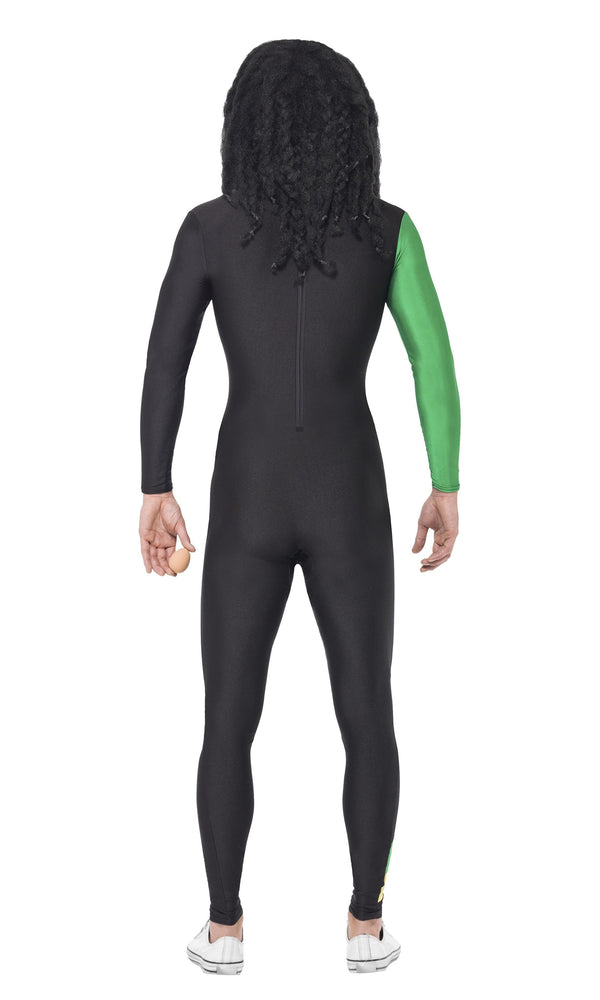Back of Jamaican bobsleigh jumpsuit in black, green and yellow flag style