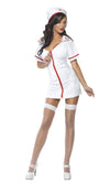 Short white nurse dress with matching hat worn by a woman with white fishnet stockings