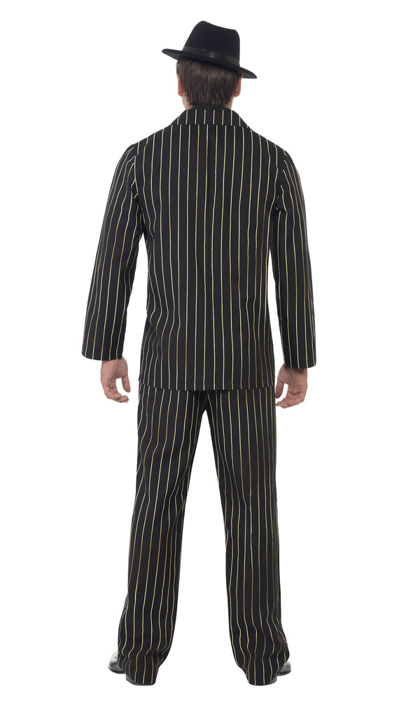 Back of black gangster or 20s style costume suit with gold pinstripes