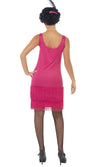 Back of short pink flapper dress with headband and necklace