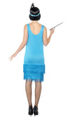 Back of blue sequin flapper dress with headband and necklace