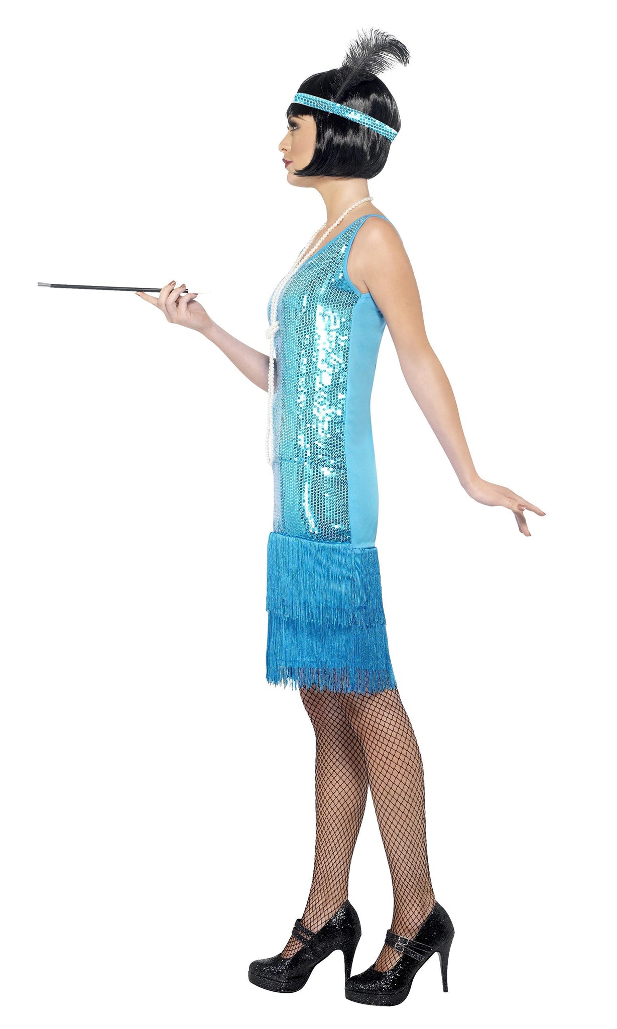 Side of blue sequin flapper dress with headband and necklace