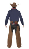 Back of blue rodeo shirt with brown hat and chaps