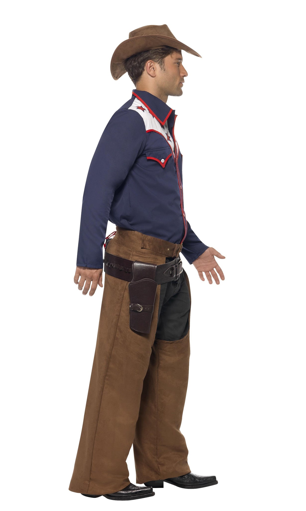 Side of blue rodeo shirt with brown hat and chaps