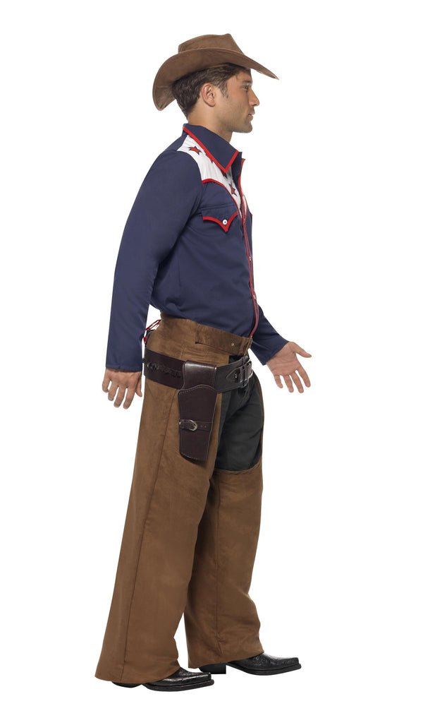 Side of blue rodeo shirt with brown hat and chaps