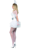 Side of short Madonna style 80s white dress with silver bow