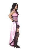 Side view of a model wearing a pink corset and dress with black accents and a flared skirt, posing against a white background.