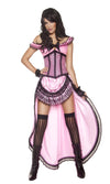 A model wearing a pink corset and dress with black accents and a flared skirt, posing against a white background.