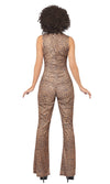 Back of a woman wearing a leopard print jumpsuit costume looking like Mel B.