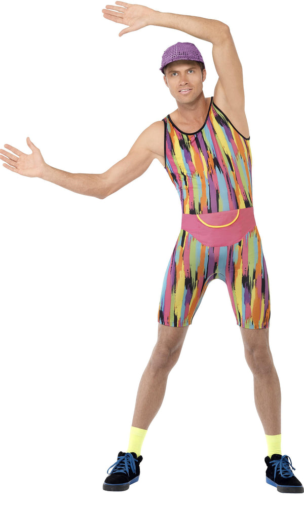 Men's multi colour aerobics workout costume with purple hat and bum bag