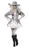 A model wearing a silver and white pirate costume with a jacket, dress, and attached petticoat, posing with a pirate-style hat.