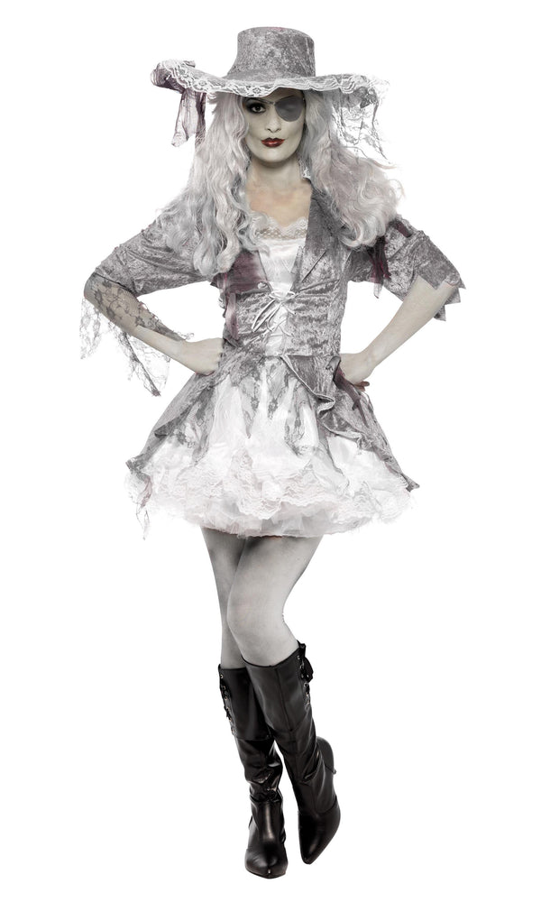A model wearing a silver and white pirate costume with a jacket, dress, and attached petticoat, posing with a pirate-style hat.